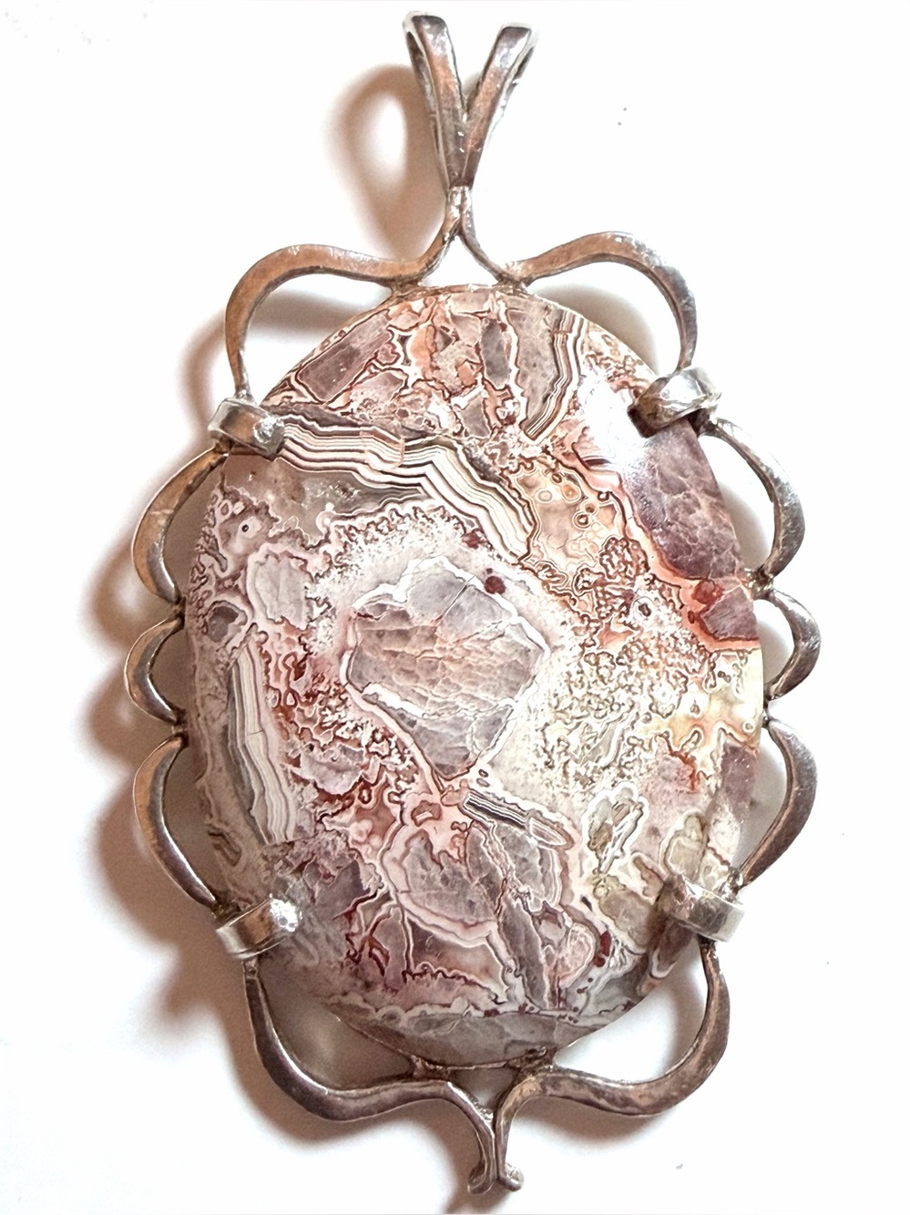 Silver-Plated Crazy Lace Agate Pendant, Pre-loved